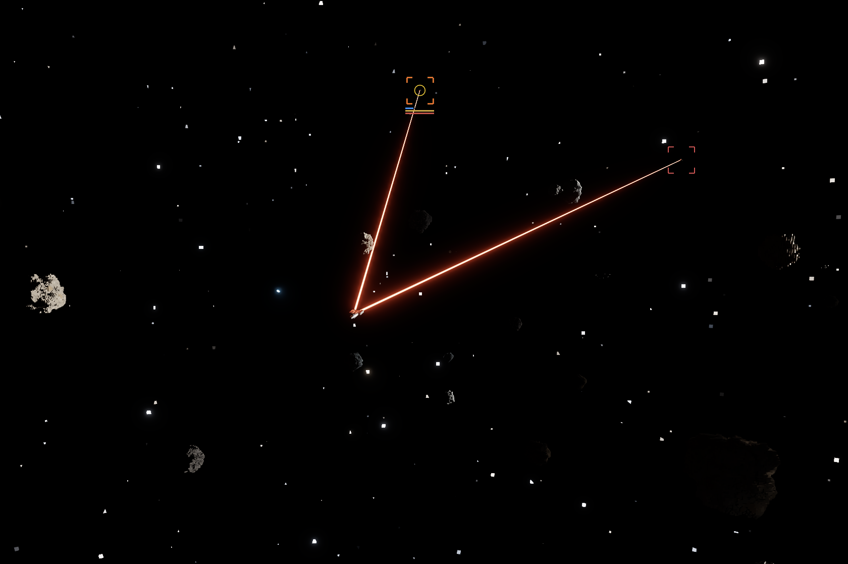 A ship firing two red beams at two separate locked targets across a field of asteroids