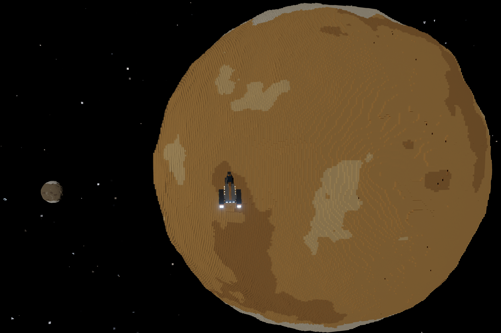 A ship in low orbit above a vast tan voxel planet, a small moon hanging in the dark beyond it