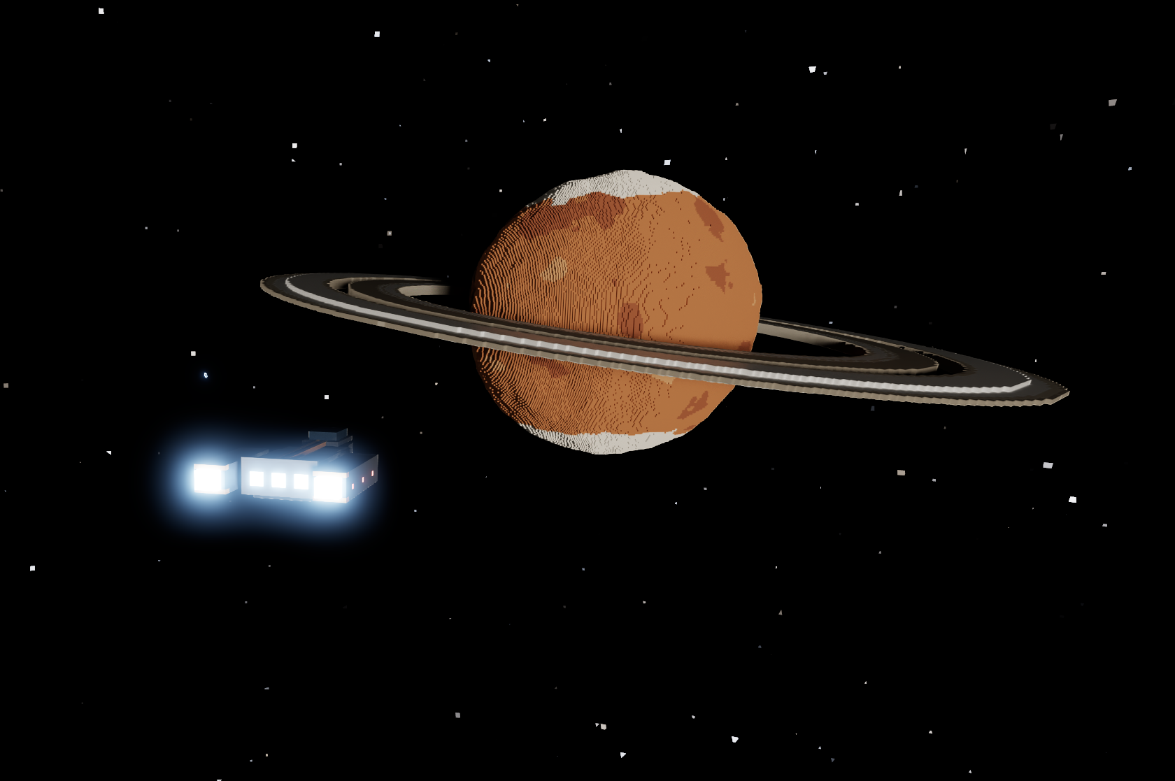 A rust-coloured ringed planet with a small brightly lit ship in the foreground