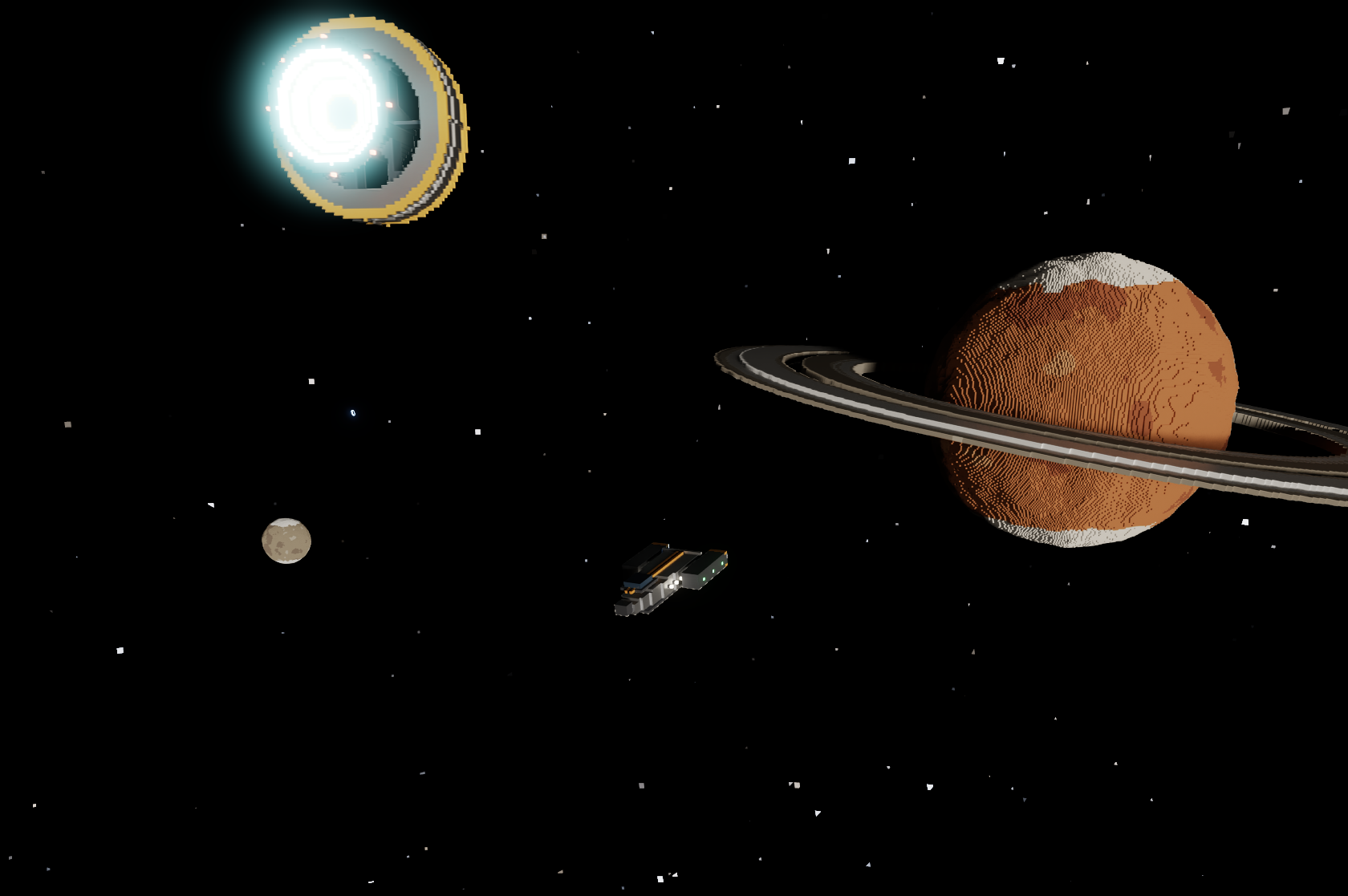 A glowing ring-shaped station at upper left, a ship at centre and a ringed planet at right